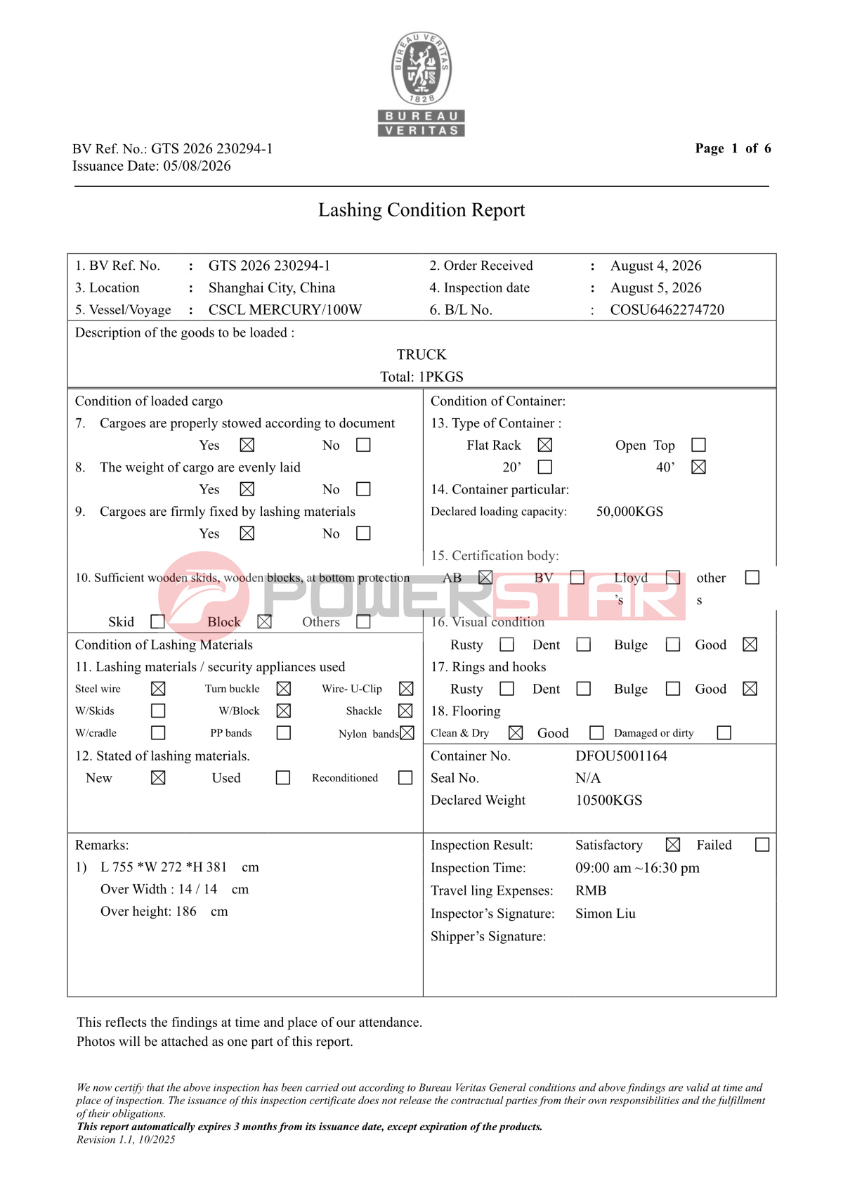 ISUZU Fire fighting vehilce BV Lashing certificate ISUZU Fire fighting vehilce BV Lashing certificate